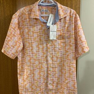 Tommy Bahama Men's Pink and Orange Patterned Shirt